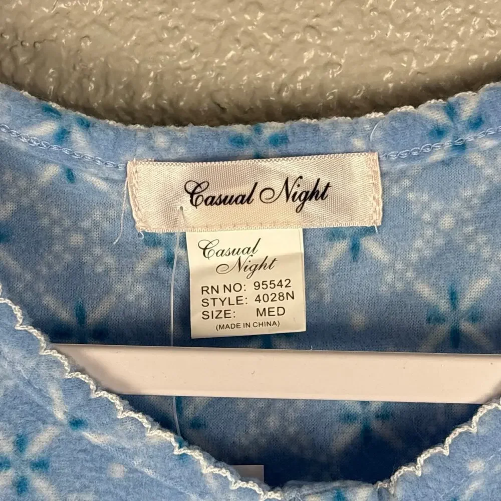 NWT Casual Night Size Medium Blue Fleece Lace Nightgown Sleep Lounge House Dress